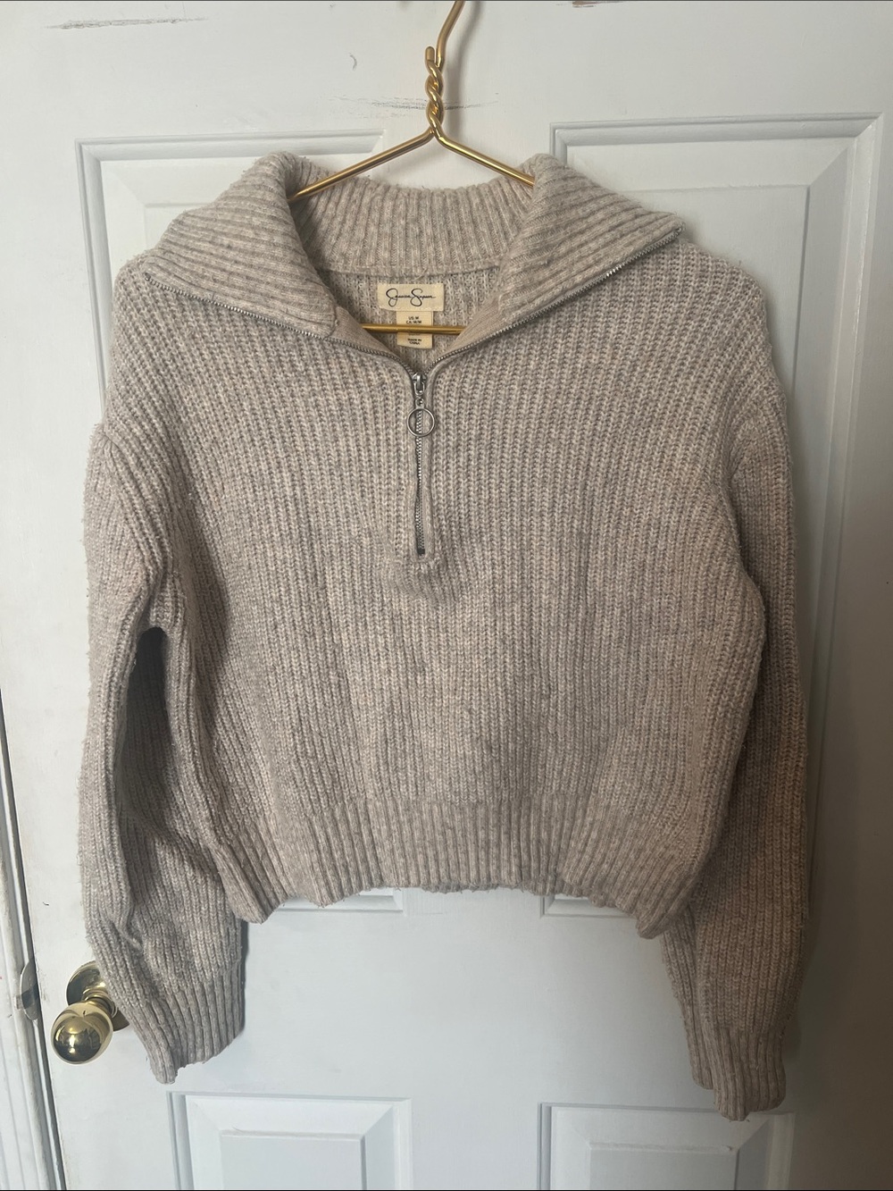 Jessica Simpson Ribbed Half-Zip Funnel Neck Sweater — Beige
